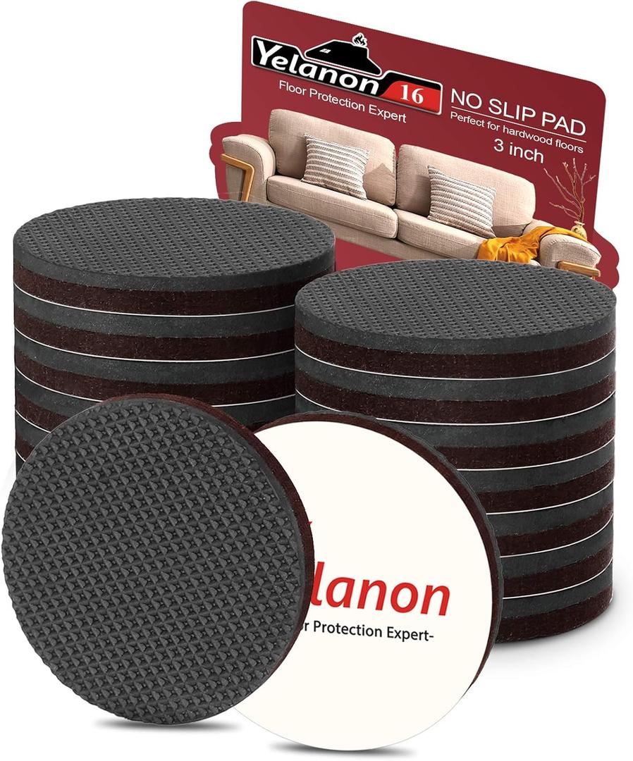 Yelanon Non Slip Furniture Pads -16pcs 3" Furniture Grippers, Non Skid for Furniture Legs,Self Adhesive Rubber Furniture Feet, Anti Slide Furniture Hardwood Floors Protectors for Keep Couch Stoppers