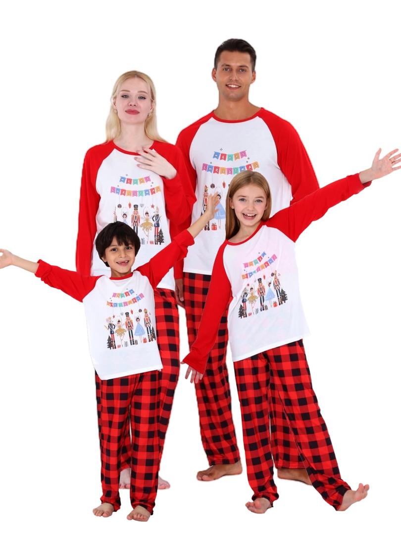 Matching Christmas Pajamas for Family/Couples, Plaid Pants with Christmas Tree Printed Tops Sleepwear, Xmas PJs Sets (Small, Dwarf)