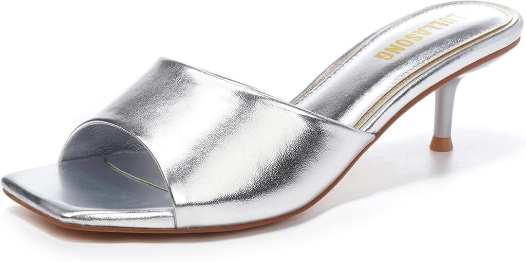 Amazon.com | LULLASONG Silver Kitten Heels Sandals Low Heels Slip On Slides 2 Inch Heeled Square Open Toe Sandals for Women | Shoes (6.5)