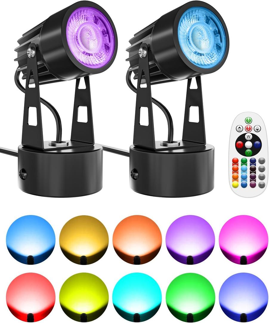LED Spot Lights Indoor 3W RGB Accent Lighting Up Lights Indoor Spotlight Lamp for Plants 120V Uplighting Christmas Decor US 2-Plug 6 FT Cord with Floor Foot Switch (2 Pack with Base)