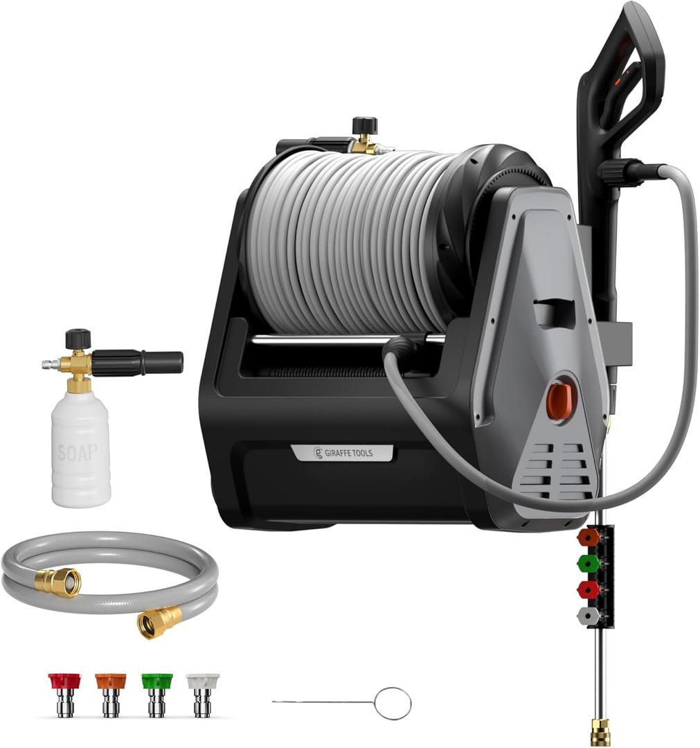 Giraffe Tools Grandfalls Pressure Washer Plus+, Electric Wall Mount Power Washer with 100FT Ultra-Soft Pressure Hoses, 2900PSI, 2.2GPM, 4 Nozzles, Foam Cannon for Cars/Patios, Dark Silver (Plus+ 100ft Ultra-soft Pressure Hoses)
