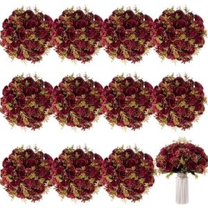 Tigeen Artificial Flowers Artificial Peonies Silk Flowers Faux Peony Fake Peony Silk Hydrangea Bouquet for Wedding Table Centerpiece Floral Vase Decor (Claret, 12 Bundles)