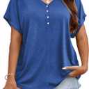HDLTE Plus Size Tops for Women Summer V Neck Short Sleeve Tee Shirts Button Casual Loose Fit Blouse (2XL, Blue)
