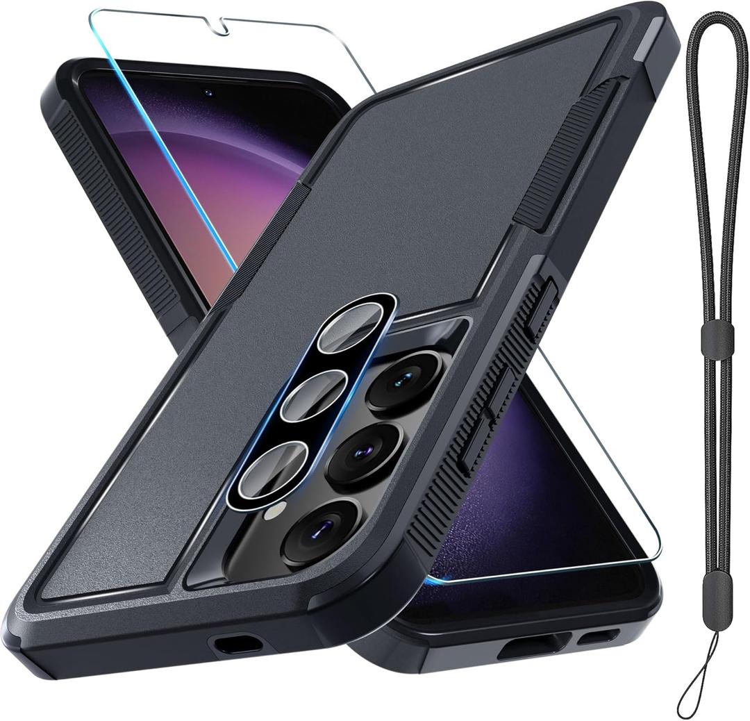 RMOCR Case for Samsung Galaxy S25 Plus, Full Body Heavy Duty Rugged Shockproof Protective Phone Cover with Lanyard Strap, Tempered Glass Screen Protector and Camera Lens Cover, Black Matte