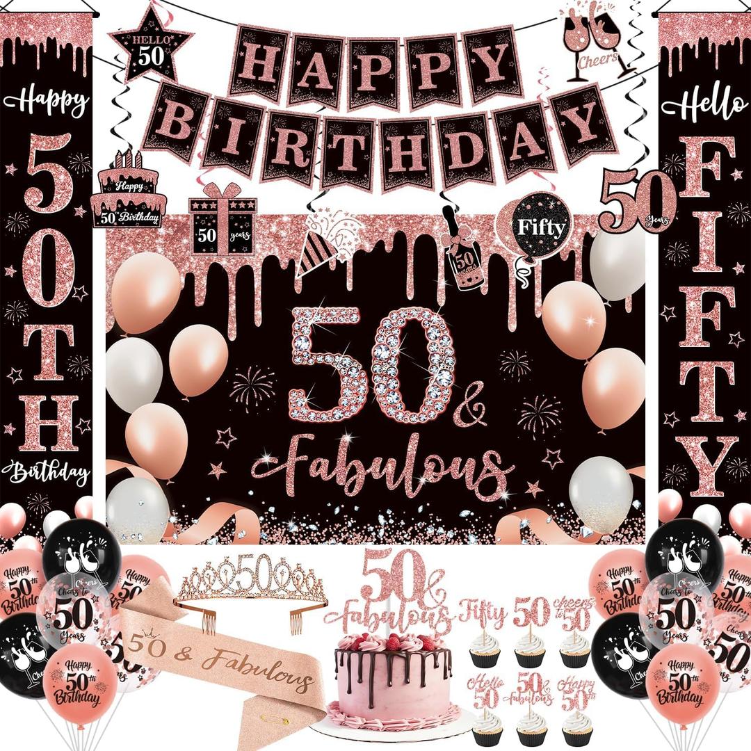 50th Birthday Party Decorations Kit, Happy 50th and Fabulous Birthday Decorations Set Crown and Sash,59Pcs Rose Gold and Black Gifts for Women PRE-ASSEMBLED