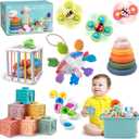 Baby Toys for 6 to 12 Months, Montessori Sensory Bins & Teething Toys, 6 in 1 Stacking Blocks, Rings, Eggs, Spinner, Crab Shape, 27 Pieces, Ages 6-36 Months