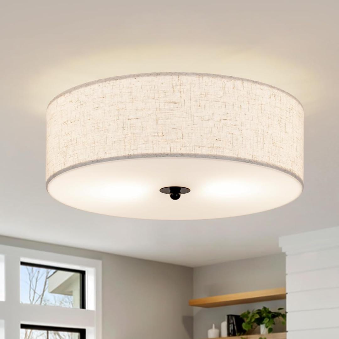 Flush Mount Ceiling Light Fixture, 13" Close to Ceiling Light with Beige Fabric Linen Drum Shade, 2-Light Modern Round Ceiling Light for Bedroom Hallway Dining Kitchen Flush Mount Ceiling Light Fixture, 13" Close to Ceiling Light with Beige Fabric Linen Drum Shade, 2-Light Modern Round Ceiling Light for Bedroom Hallway Dining Kitchen