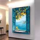 Framed Open Window Beach Canvas Wall Art Coastal Wall Decor Picture White Flowers and Butterflies Painting Artwork Fake Window Wall Art Horizontal Nature Landscape Seaside Summer Print for Home Decoration (E, 16x24inch(40x60cm), Framed)