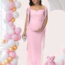 Women's Maternity Draped Neck Ruffle Baby Shower Dress for Photoshoot Party Bodycon Long Dress (Pink, L)