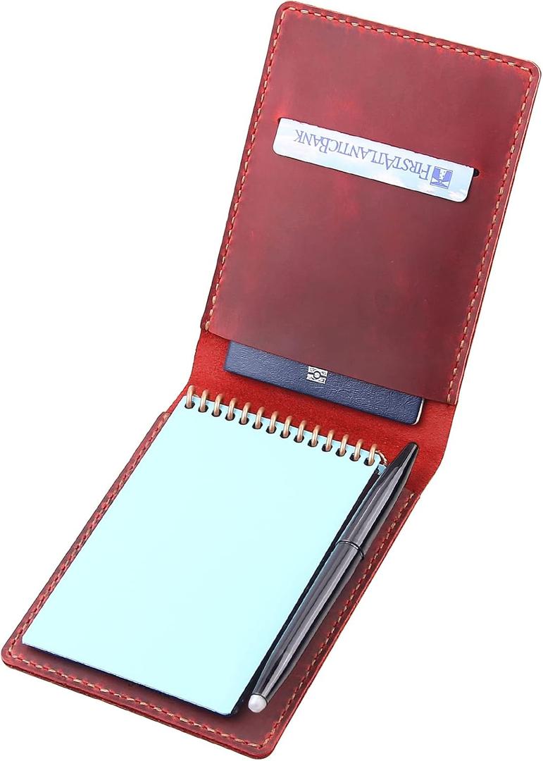 Leather Cover for 3.5x5.5 Top Spiral Notebook, Handmade Leather Notebook Cover Compatible with Rocketbook Mini Size, Small Pocket Size Memo Notepads Holder with Business Card Holder-Wine