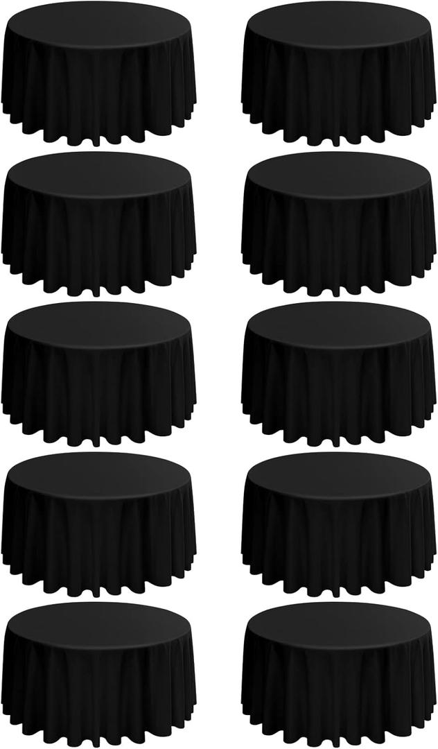 10 Pack Round Tablecloths - 120 Inch, Black Polyester Tablescape Fabric: Stain & Wrinkle Resistant, Ideal for Weddings & Parties