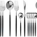 JASHII Flatware Serving Set 24 Piece, Stainless Steel Silverware Set, Titanium Black Silver Cutlery Set, Modern Elegant Tableware Set for Party, Christmas, Dinner (Black Silver)