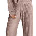 ANRABESS Women 2 Piece Lounge Pajamas Sets Casual Ribbed Knit Long Sleeve Top Pants Matching Set 2025 Fall Outfits Clothes (Large, Khaki)