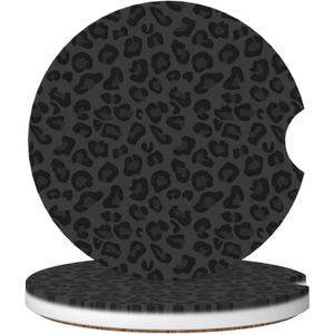 Absorbent Car Coasters for Cup Holders, 2 Pack Universal Anti Slip Ceramic Cup Coaster for Women Men 2.56 Inch Car Interior Accessories - Black Leopard Print 001