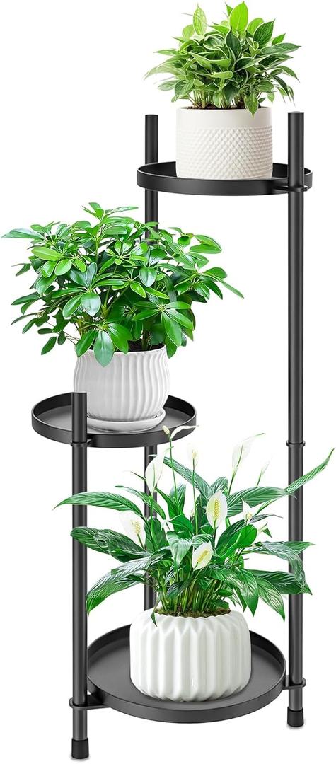 3-Tier Metal Plant Stand for Indoor & Outdoor, Heavy Duty Corner Flower Shelf Display Rack for Living Room Balcony Patio Garden Bedroom Classroom Black (Black-B)