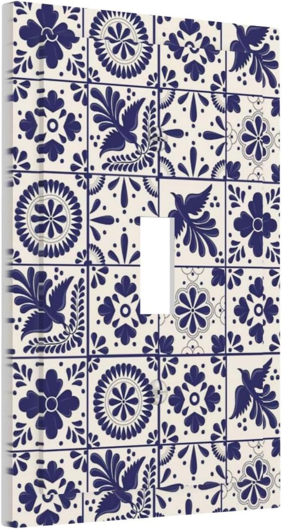 White/Blue Mexican Tile Single Toggle Light Switch Plates Outlet Covers Decorative 1 Gang Receptacle Wall Plate Mediterranean Morocco Spanish Ceramic Mosaic Bedroom Decorate Plug Light Switch Cover