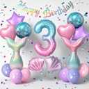 Mermaid Birthday Decorations for Girls Age 3-7, Purple Blue Pink Mermaid Theme Party Supplies with Large Shell Foil Balloons, Banner, Heart and Star Balloons for Kids Baby Shower (3rd)