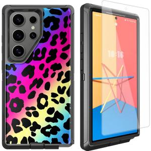Compatible for Samsung Galaxy S24 Ultra Case Cute Neon Leopard Cheetah Rainbow Case with Screen Protectorfor Women Girls [Military Grade Protection] Heavy Duty Shockproof Case 6.8inch