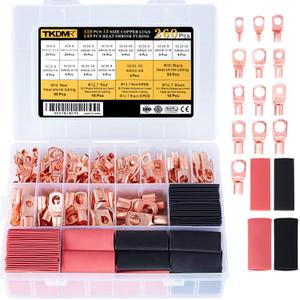 TKDMR 260Pcs Copper Wire Lugs AWG2 4 6 8 10 12 with Heat Shrink Set, 120Pcs Battery Cable Lugs Battery Cable Ends Ring Terminals Connectors with 140Pcs Heat Shrink Tubing Assortment Kit (13 Kind Sizes)