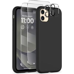 for iPhone 11 Phone Case, [2X Screen Protector + 2X Camera Protector], Liquid Silicone Ultra Slim Shockproof Protective Cover, Soft Microfiber Lining with iPhone 11 Case 6.1", Black