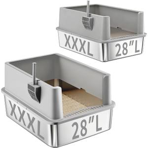 2 Pack 28" Extra Large XXL Stainless Steel Cat Litter Boxes with Lid Metal Cat Litterbox Pan for Big Cats and Multiple Cats, Anti-Leakage, Easy Cleaning, Include Scoop