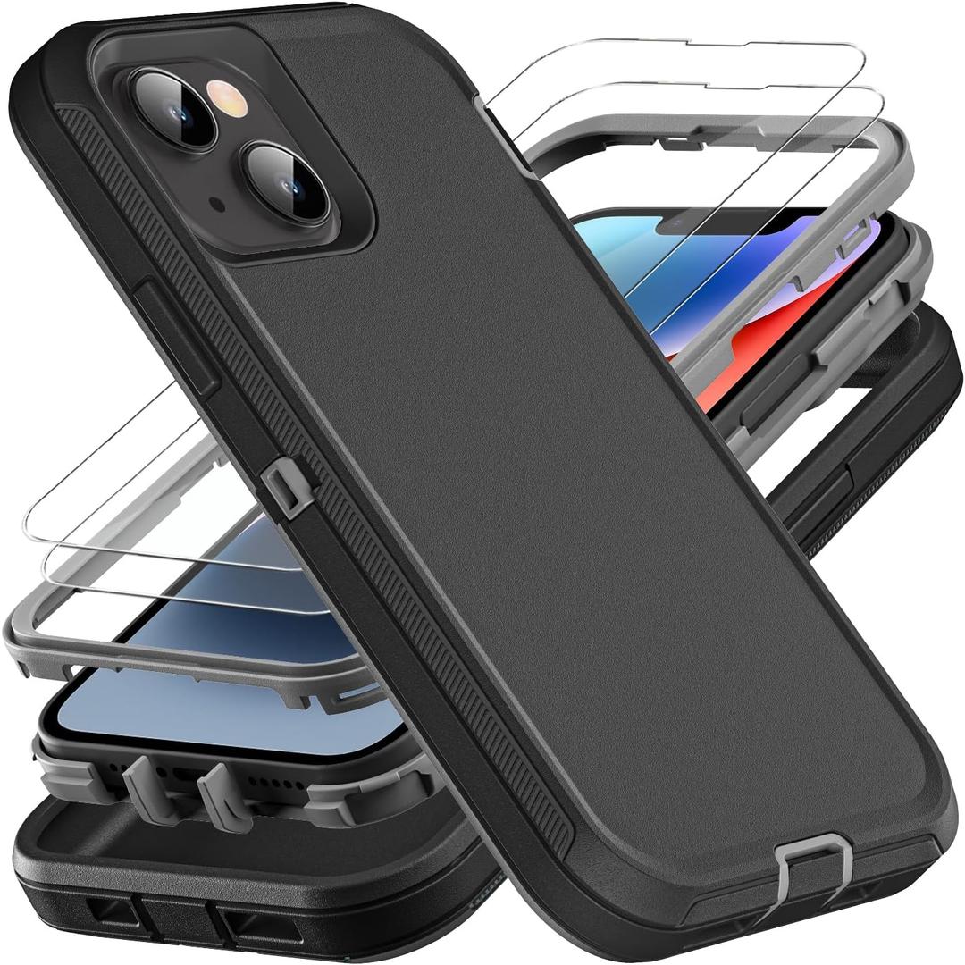 iPhone 13/14 Military Grade Case, 3 in 1 Heavy Duty Shockproof/Drop Proof/Dust Proof With 2Pcs Tempered Glass Screen Protector (Black/Grey)