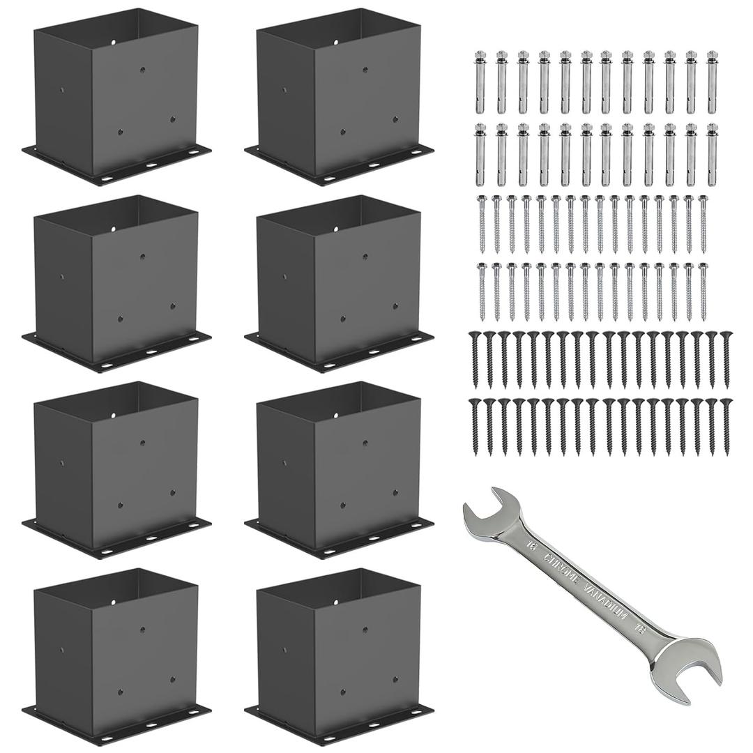 8 Pcs Post Base,4x 6" Post Brackets(Acturl3.6 x5.6), Heavy Duty Black Metal Powder-Coated Thick Steel Post Anchor Outdoor for Support Deck Base Plate, Pergola Bracket Kit,Mialbox Post Mount