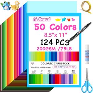 Nidkoud 124 PCS Colored Cardstock 8.5" x 11", 50 Assorted Colors Construction Paper for DIY Crafts, Thick Card Stock Printer Paper for Scrapbooking, Card Making, Kids School Supplies and Party(200GSM)