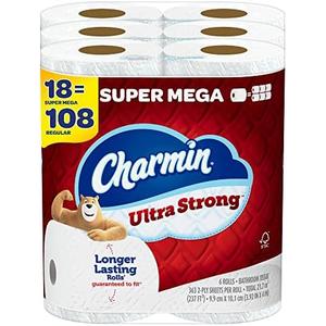 Charmin Ultra Strong Toilet Paper, 18 Super Mega Rolls = 108 Regular Rolls