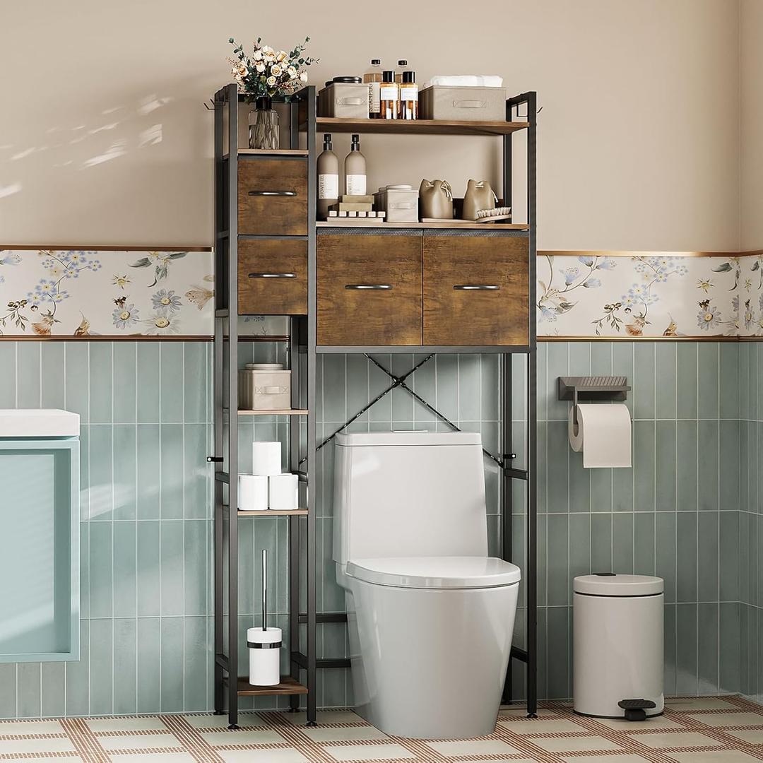 Over The Toilet Storage Rack with 4 Drawers  7-Tier Freestanding Bathroom Organizer with Shelves, Side Racks & 4 Hooks, Rustic Brown Space Saver for Bathroom, Laundry (Rustic Brown)