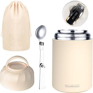 CocoMeiwei Thermo for Hot Food & Drinks, Thermo Lunch Box, 17oz Vacuum Insulated Food Container with Spoon&Drawstring Bag, Soup Thermo for Adults, White