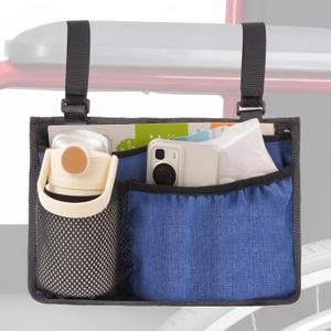 2 x Wheelchair Bag Side Storage Pouch with Cup Holder & Phone Pocket, Heavy-Duty Armrest Organizer for Walker, Rollator, Mobility Scooter AccessoriesBlue