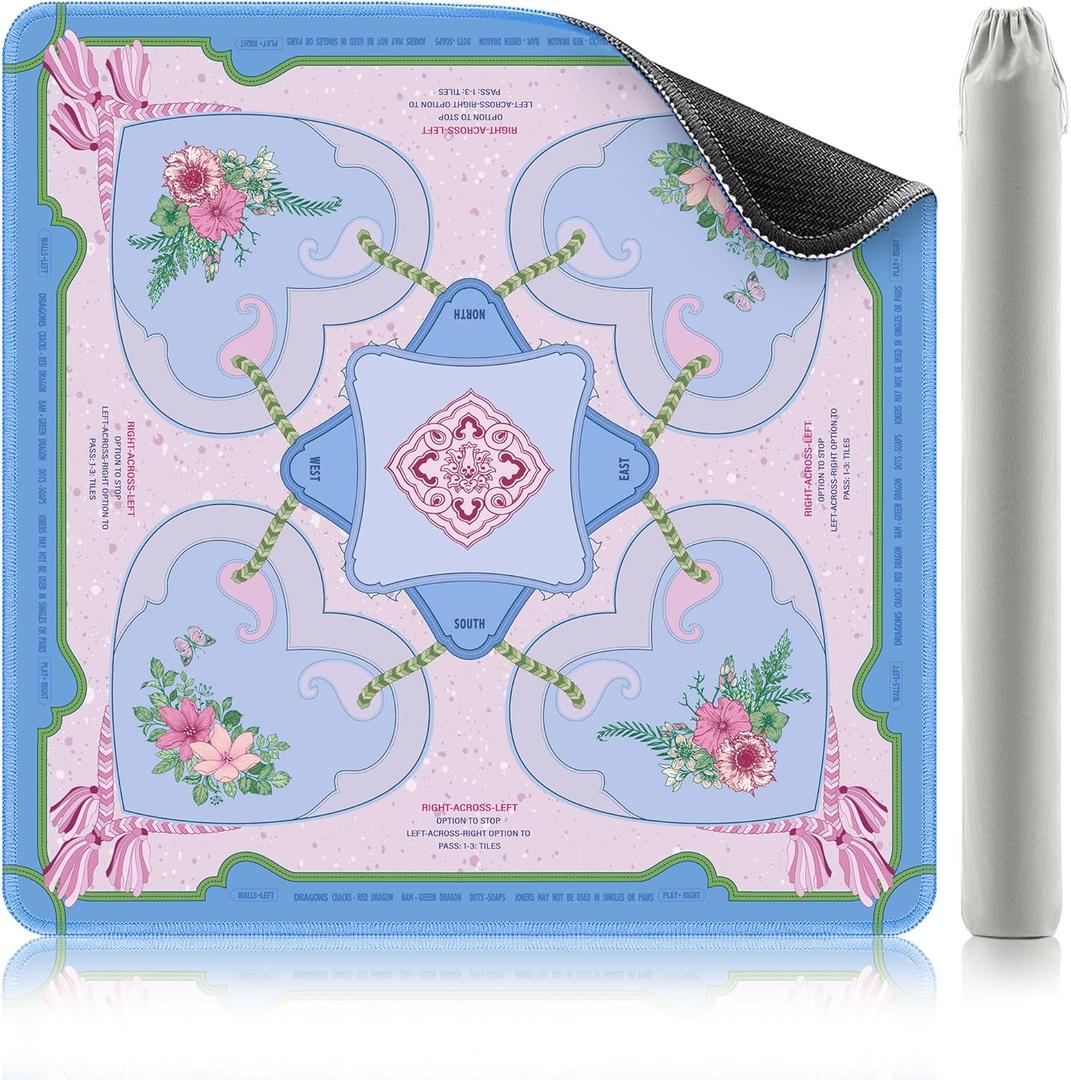 KUNTE Mahjong Mat (32"x32") - Non-Slip, Quiet, Waterproof & Foldable Game Mat for American Mahjong (Blue and Pink)
