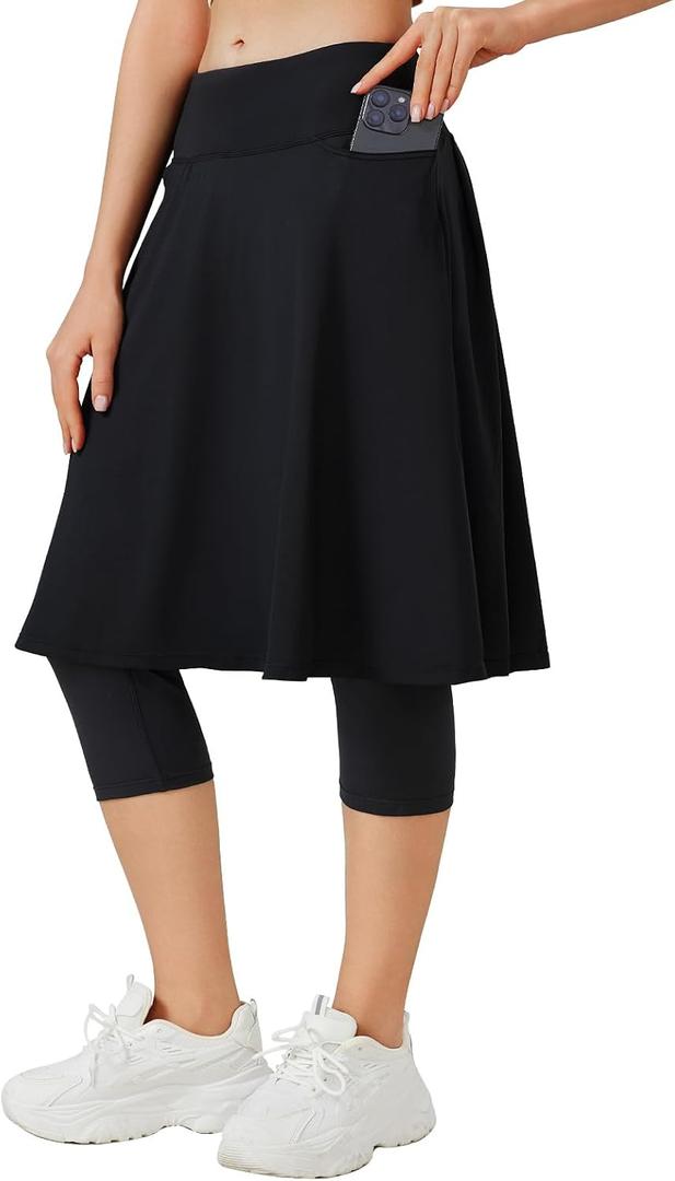 ANIVIVO 24" Long Knee Length Skirted Leggings for Women,Modest Athletic Skirt with Leggings Pleated Workout Skirt Zipper Pockets(Black,S)