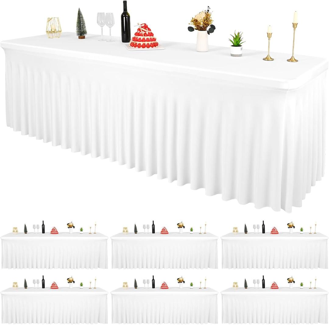 6 Packs White Spandex Table Clothes for 8 Foot Rectangle Tables, Wrinkle Resistant Fitted Tables Cover, Washable Stretch Table Skirts for Weddings Parties Banquet Birthday Festival