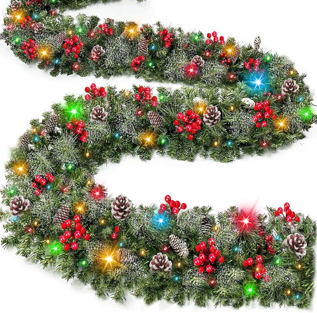 [ Timer & 8 Modes ] TURNMEON 9 Ft Christmas Garland with 50 Colorful Lights Thicker 270 Branchs Tips 10 Pinecones 70 Red Berries Lighted Garland Christmas Decorations Mantel