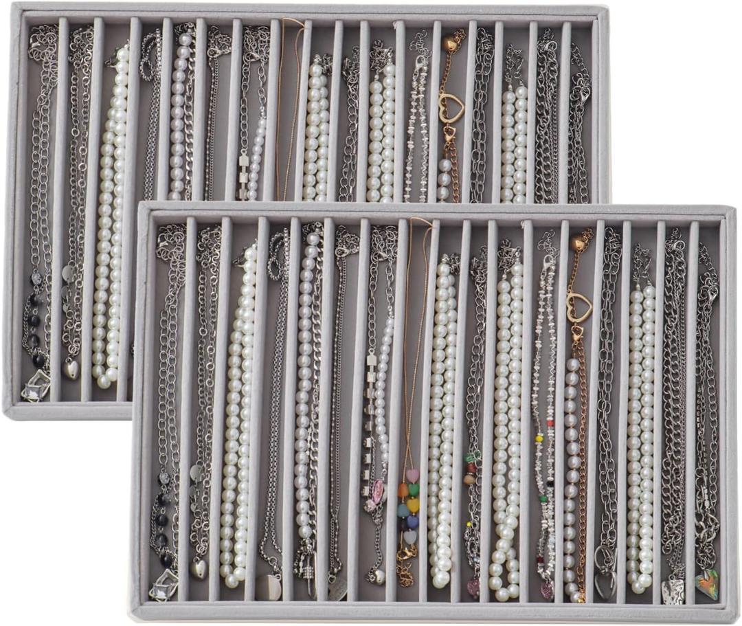 Large Velvet Jewelry Tray 2 Pack Stackable Jewelry Display Drawer Inserts Trays Organizer for Earring Bracelet Necklace Ring (Gray, 16 Grids)