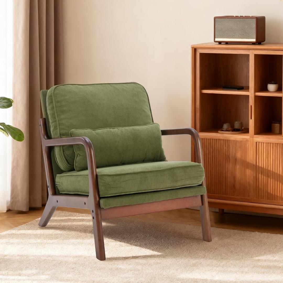 Sweetcrispy Mid Century Modern Chair, Accent Chair with Arms and Waist Cushion, Reading Chairs for Adults, Lounge Chair for Living Room and Bedroom, Wooden Frame, Dark Green