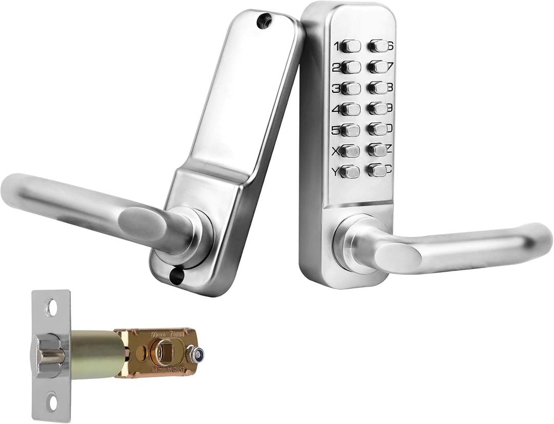 Upgrade Mechanical Door Lock with Adjustable Deadlatch 2-3/8'' and 2-3/4'',Outdoor Keyless Gate Lock with Handle, Waterproof Mechanical Keypad Door Lock (Silver)