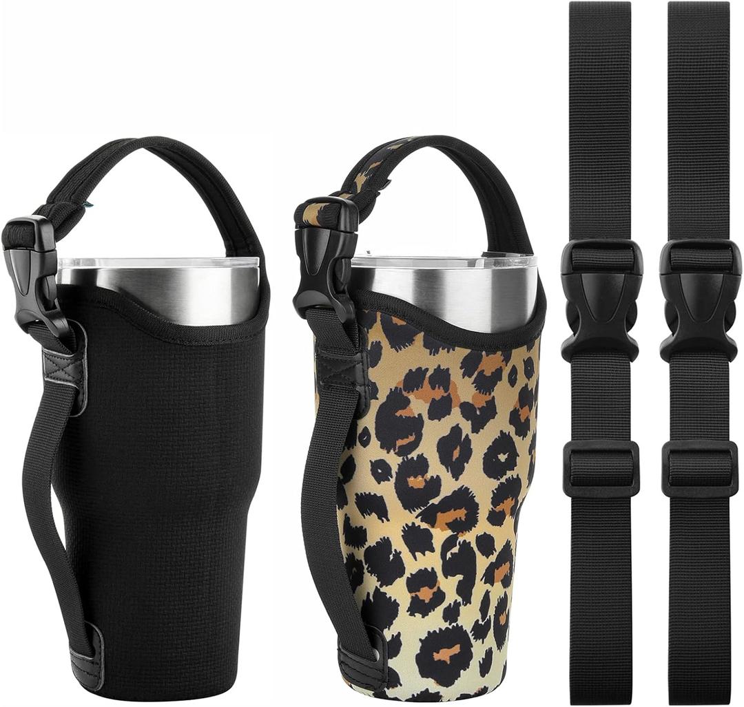 Beautyflier 2 Pack 30 OZ Neoprene 3 IN 1 Tumbler Carrier Holder Pouch with Adjustable Shoulder Sling for Stainless Steel Insulate Insulated Coffee Mugs (Leopard + Black)