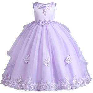 Flower Girls Lace Bridesmaid Dress Kids Wedding Pageant Party Long Prom Formal Ball Gown Princess Puffy Tulle Evening Dress (4-5T, Violet)