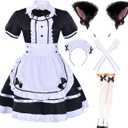Japanese Anime Sissy Maid Dress Cosplay Sweet Classic Lolita Fancy Apron with Socks Gloves Set (4X-Large, Black With Furry Headwear)
