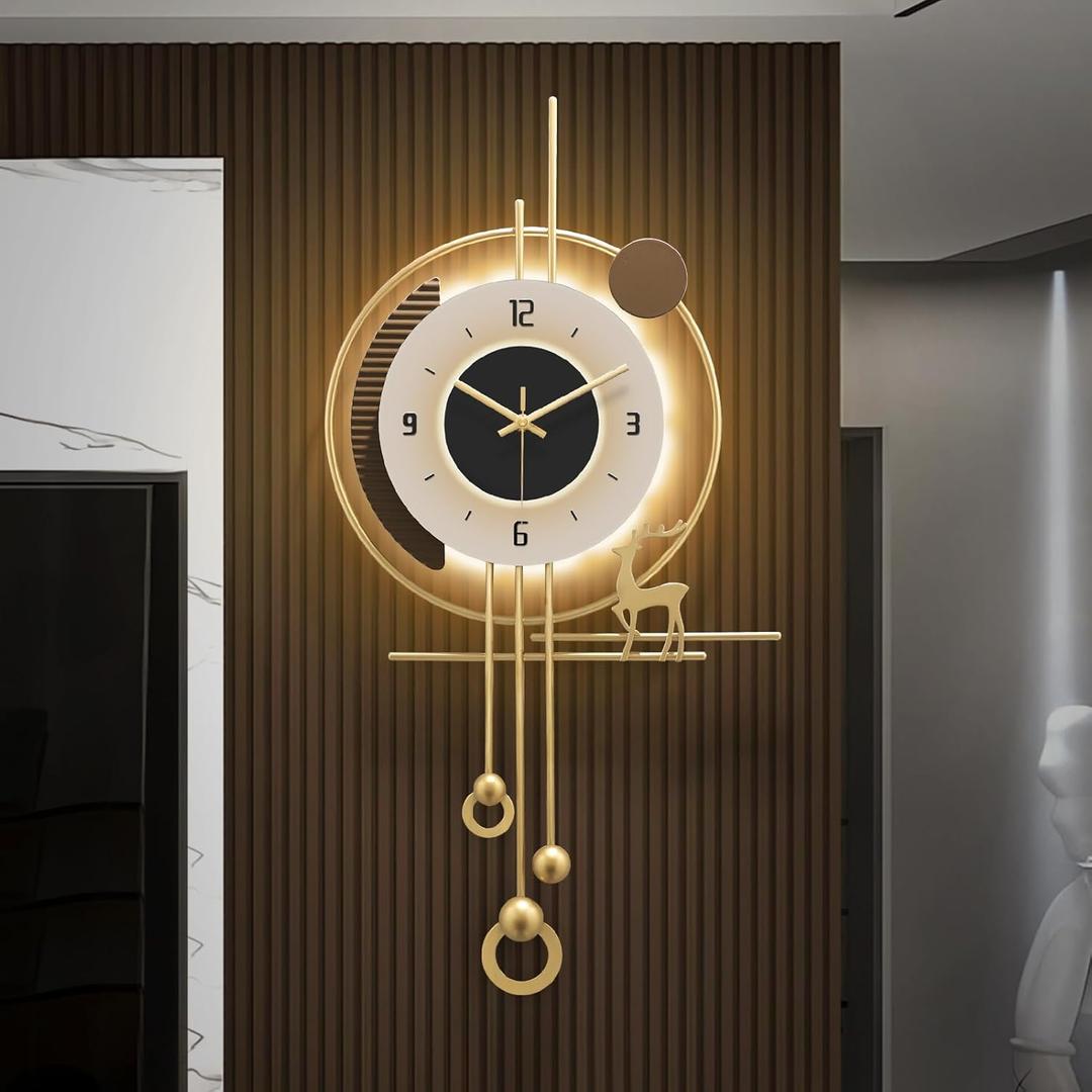 Modern Wall Clock for Living Room,Large Gold Decorative Wall Clock with Light,Creative Silent Clock Battery Operated for Kitchen/Entryway/Bedroom/Office/Dinning Room Metal Wall Decor (15''Lx31''W)