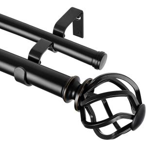 KAMANINA 1 Inch Double Curtain Rods 66 to 120 Inches (5.5-10 Feet) Telescoping Heavy Duty Drapery Rod for Windows 54 to 115 with Twisted Cage Finials, Black