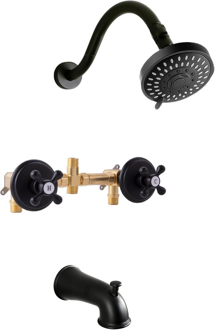 2 Handle Shower Faucet Set, Matte Black Two Handle Shower Faucet Set with Tub Spout 2 Knobs Tub and Shower Trim Kit Combo Set Wall Mounted Shower System Complete