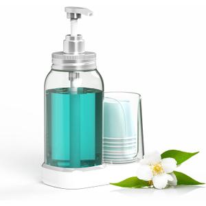 Luvan Mouthwash Dispenser for Bathroom, 25oz Mouthwash Pump Bottle with Cup Holder, Refillable Clear Blue Mouth Wash Container for All Age Groups, Large Capacity Bathroom Mouthwash Holder Set