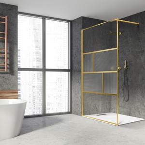 Bathroom Shower Door, Modern Grid Shower Door 34 * 74 Inch, 5/16"(8mm) Clear Tempered Glass and Fluted Glass Shower Panel, Brushed Gold Bathroom Shower Door, Modern Grid Shower Door 34 * 74 Inch, 5/16"(8mm) Clear Tempered Glass and Fluted Glass Shower Panel, Brushed Gold