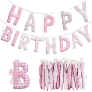 Suncalla Pre-strung Happy Birthday Banner Sign Reusable Felt Happy Birthday Garland Hanging Decorations Party Bunting Garland for Party Decor Photo Pro Home Backdrop(Cute,Pink)