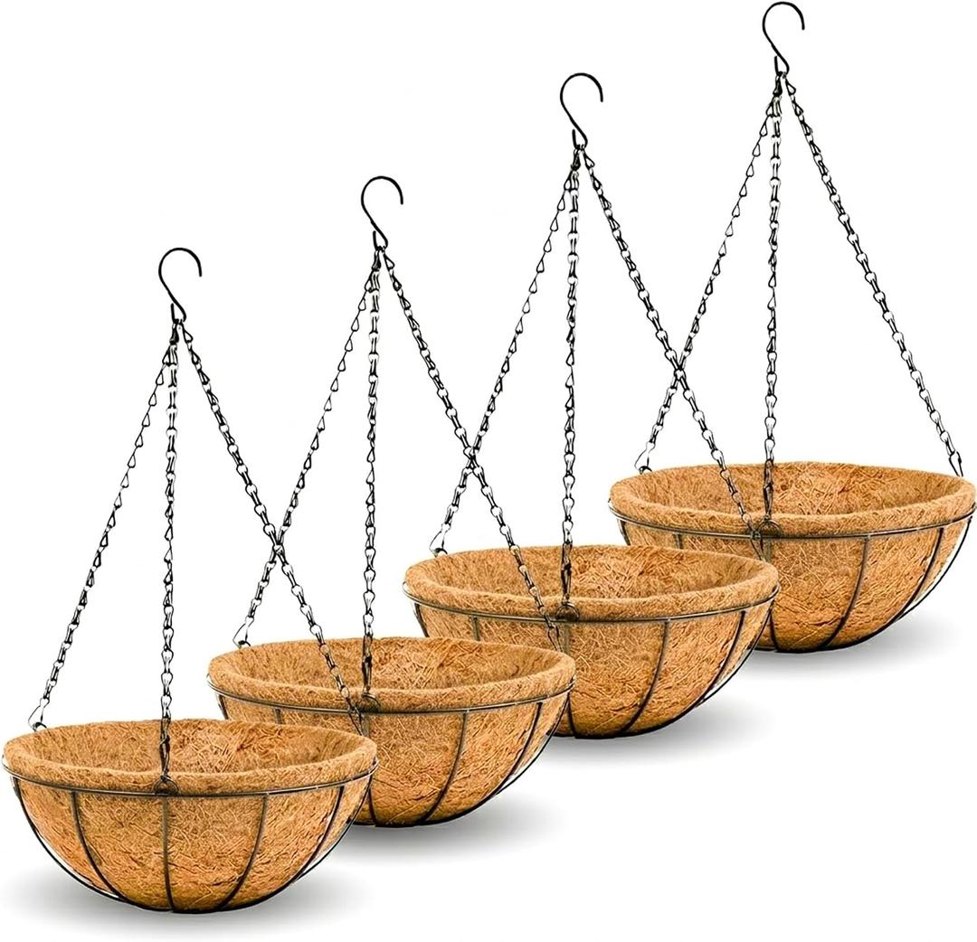 14 inch Metal Hanging Baskets For Plants Outdoor 4 Pack Round Metal Wire Hanging Basket Planter with Coco Fiber Liners Chain Round Wire Plant Holder for Garden, Patio, Deck, Porch Plants Flower Potss