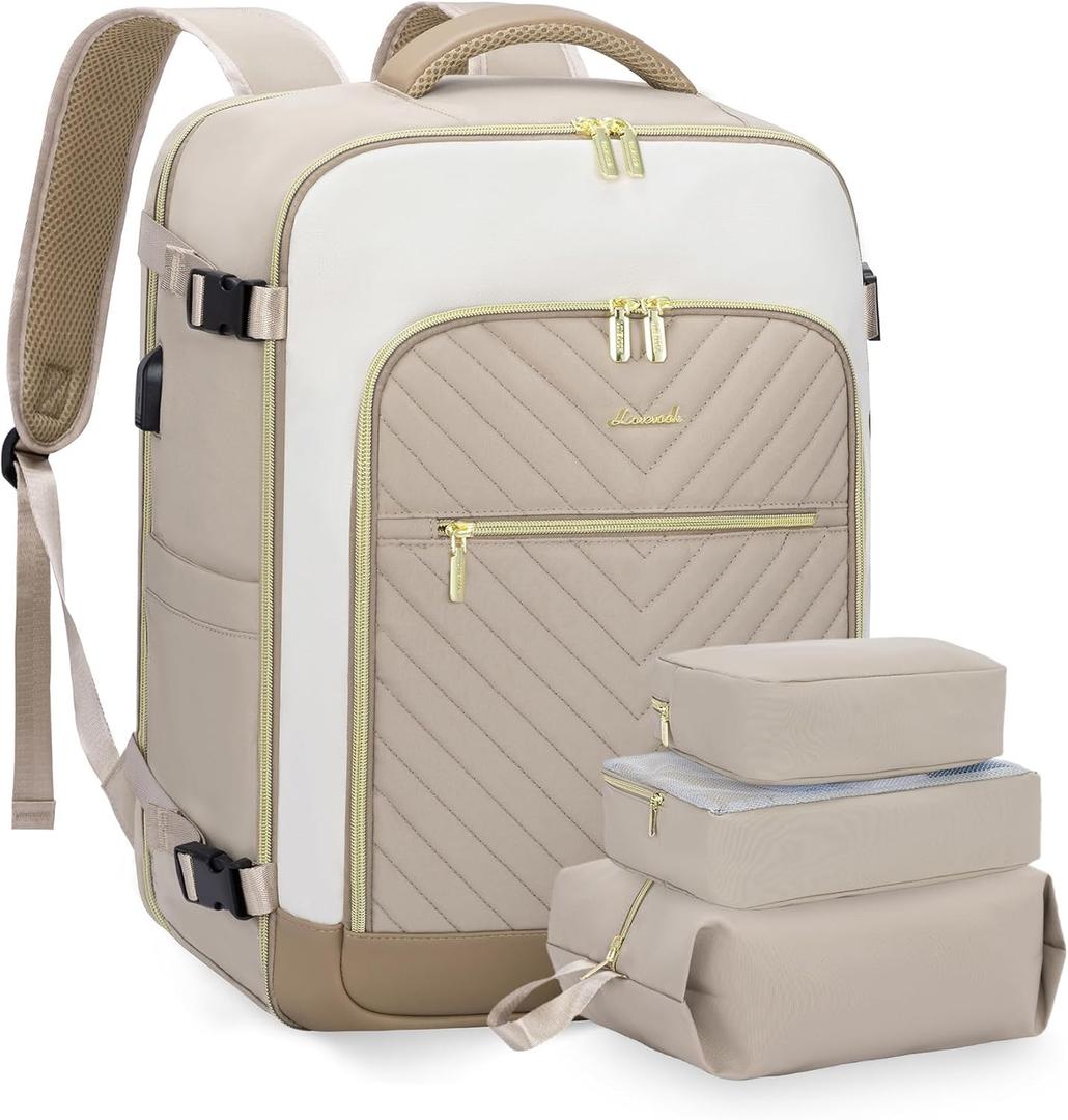 LOVEVOOK Large Travel Backpack for Women, 50L Carry on Backpack Airplane Approved, TSA Personal Item Travel Bag for Women fits 18" Laptop, Waterproof Carry on Bags for airplanes with 3 Packing Cubes (Khaki - Beige - Abricot)